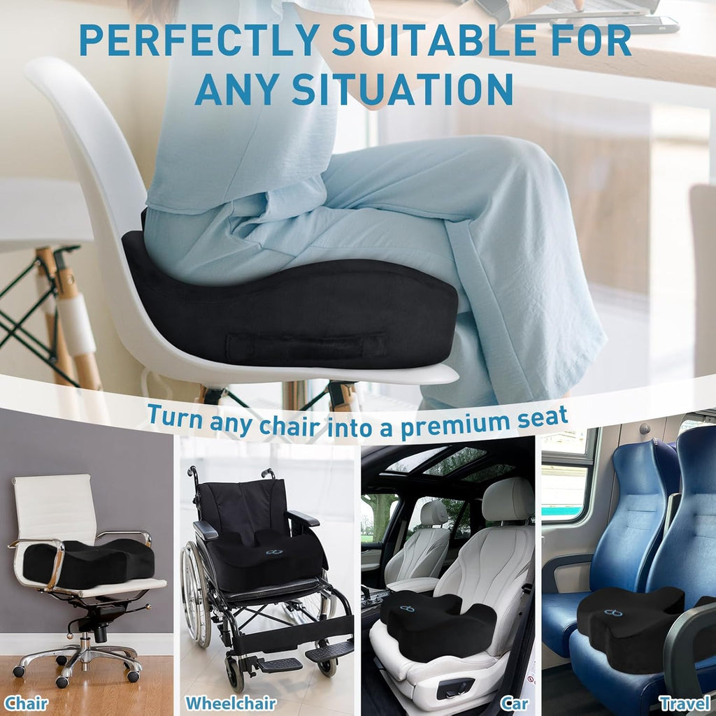 Seat Cushion,5.2in Thick Memory Foam Cushions for Office Chair, Car Seat, Airplane, Relieving Pressure Tailbone Sciatica Back Pain for Long Sitting Office Workers, Car Drivers Black