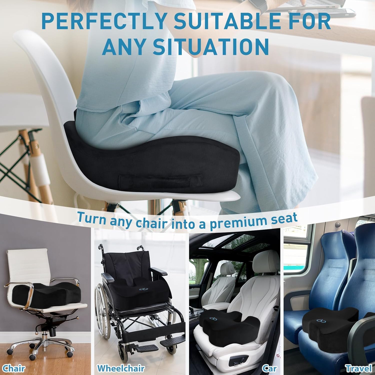 Seat Cushion,5.2in Thick Memory Foam Cushions for Office Chair, Car Seat, Airplane, Relieving Pressure Tailbone Sciatica Back Pain for Long Sitting Office Workers, Car Drivers Black