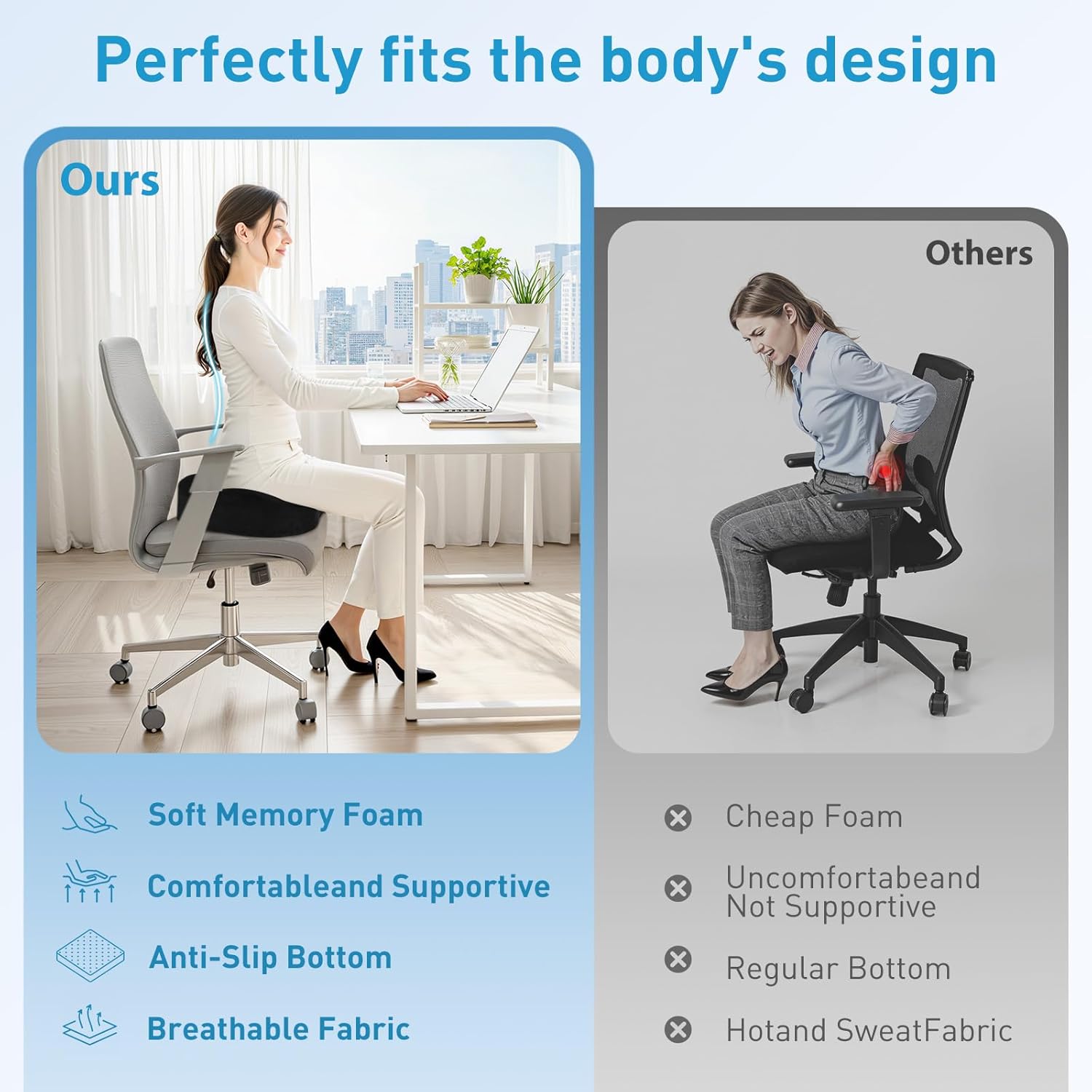 Seat Cushion,5.2in Thick Memory Foam Cushions for Office Chair, Car Seat, Airplane, Relieving Pressure Tailbone Sciatica Back Pain for Long Sitting Office Workers, Car Drivers Black