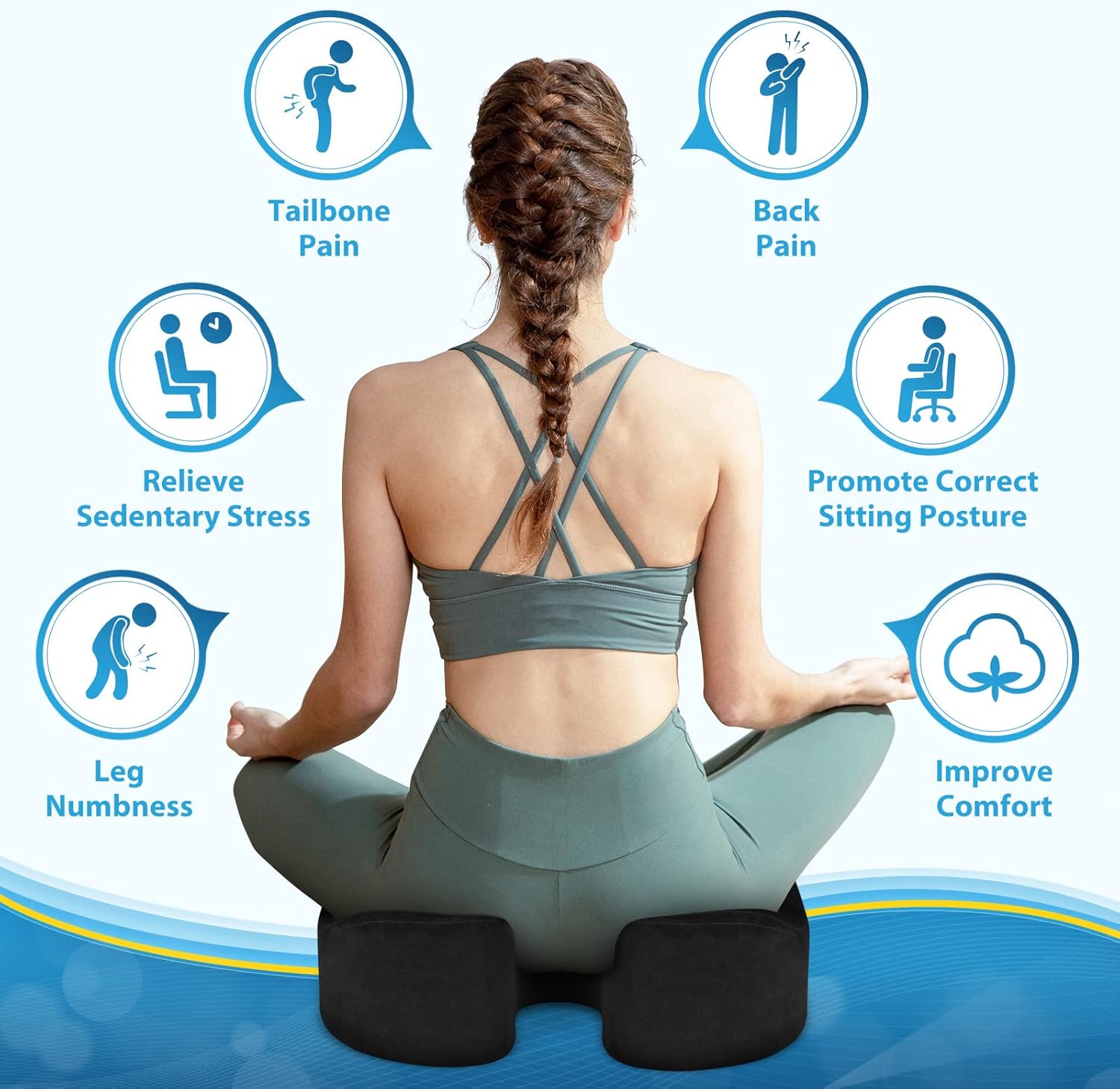 Seat Cushion,5.2in Thick Memory Foam Cushions for Office Chair, Car Seat, Airplane, Relieving Pressure Tailbone Sciatica Back Pain for Long Sitting Office Workers, Car Drivers Black
