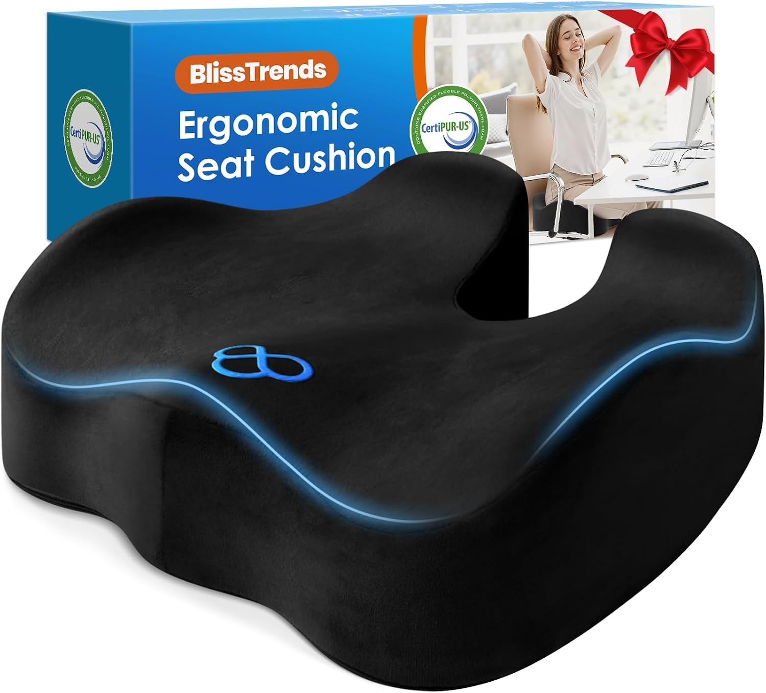 Seat Cushion,5.2in Thick Memory Foam Cushions for Office Chair, Car Seat, Airplane, Relieving Pressure Tailbone Sciatica Back Pain for Long Sitting Office Workers, Car Drivers Black